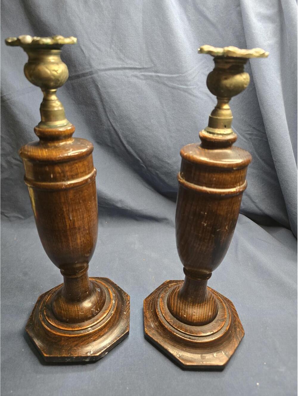 Vintage Rare Pair of English Oak Wood and Pewter Candlestick Holders, 12" Tall